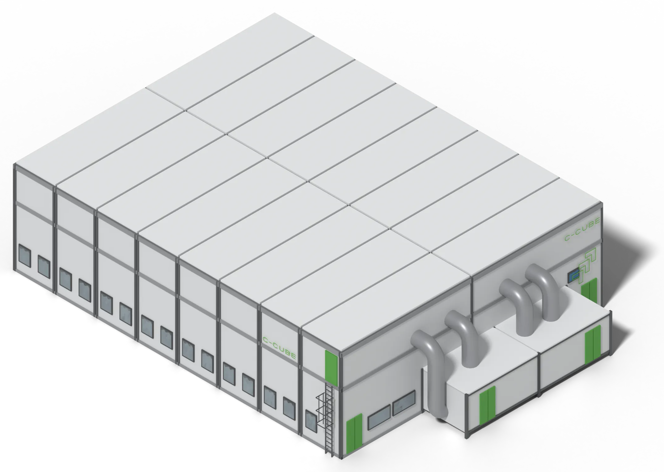 High-level 3D view of a facility built with the C-CUBE large modular concept